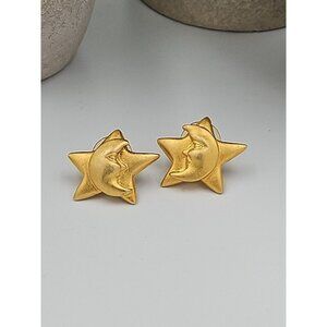 Vintage Satin Goldtone Puffy Star Moon Celestial Earrings Post‎ Back
